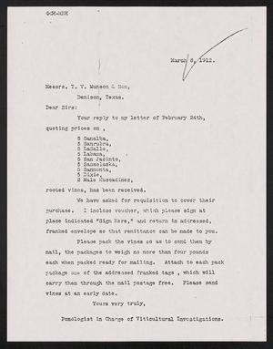 Primary view of object titled '[Letter to T. V. Munson & Son, March 8, 1912]'.