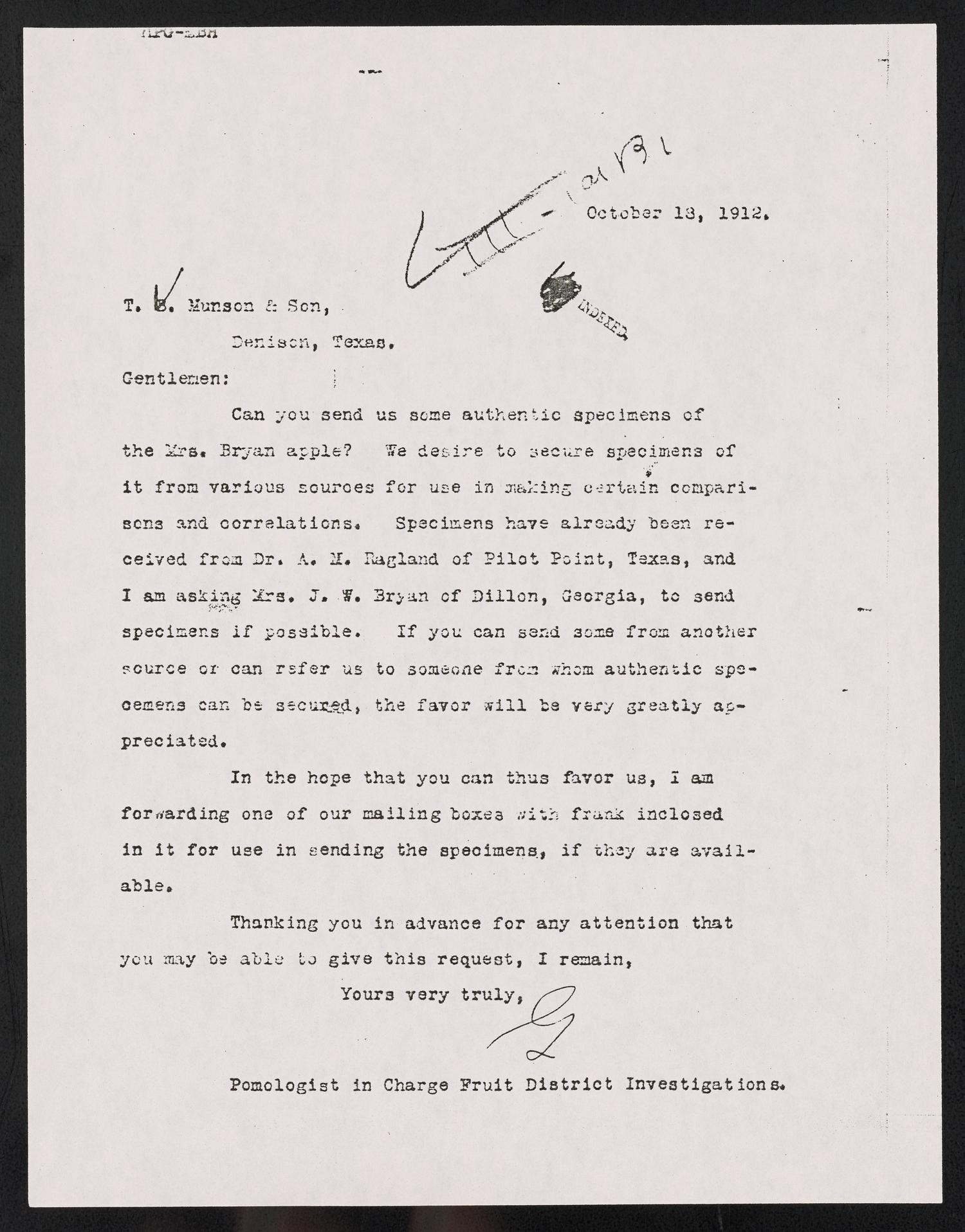 [Letter to T. V. Munson, October 18, 1912]
                                                
                                                    [Sequence #]: 1 of 2
                                                