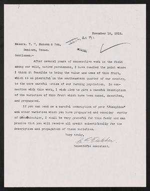 Primary view of object titled '[Letter from W. F. Fletcher to T. V. Munson & Son, November 18, 1912]'.