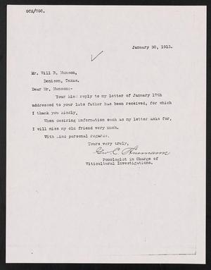 Primary view of object titled '[Letter from George C. Husmann to Will B. Munson, January 30, 1913]'.