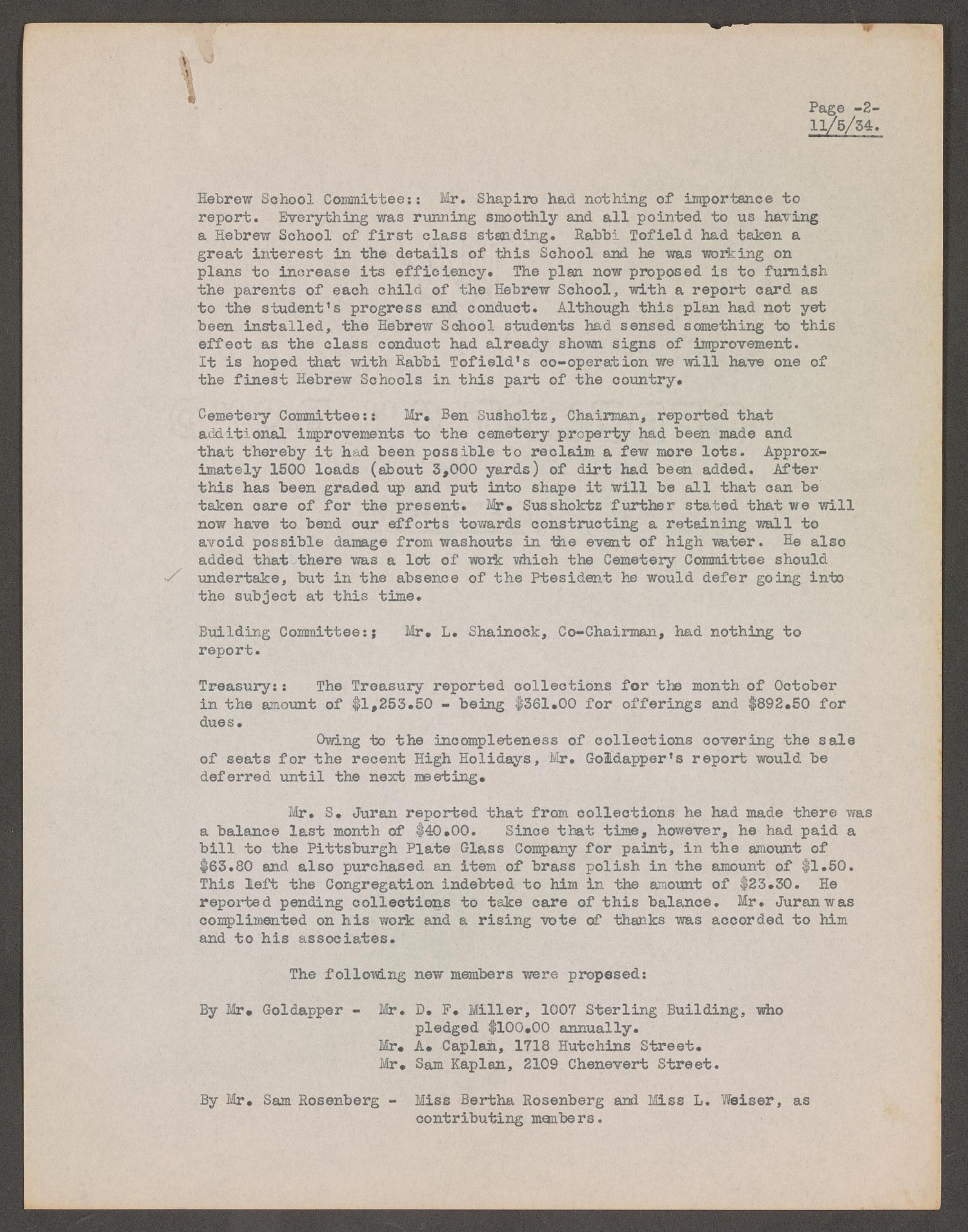 [Congregation Adath Yeshurun Board of Trustees Minutes: November 5, 1934]
                                                
                                                    [Sequence #]: 3 of 8
                                                