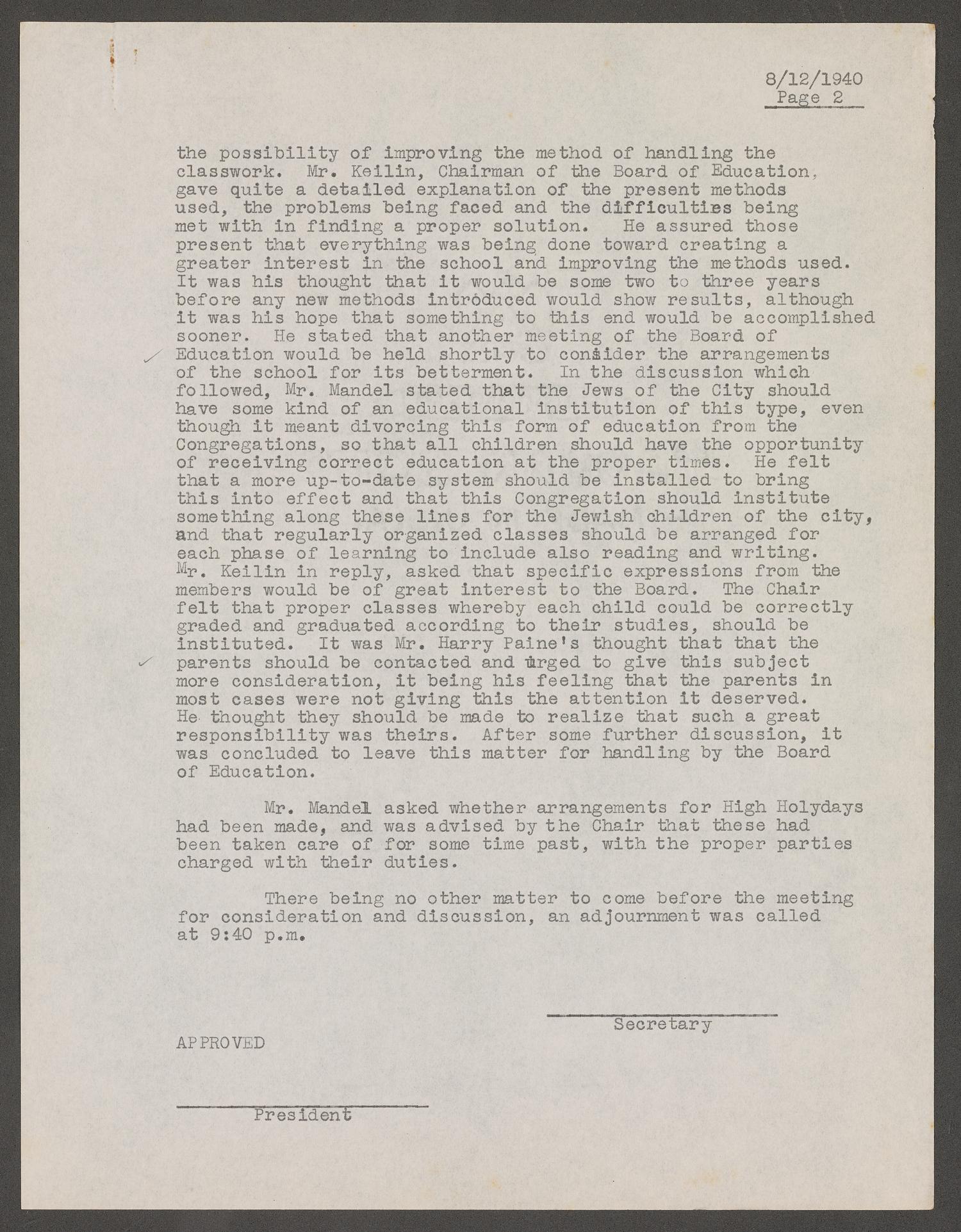 [Congregation Adath Yeshurun Board of Trustees Minutes: August 12, 1940]
                                                
                                                    [Sequence #]: 3 of 4
                                                