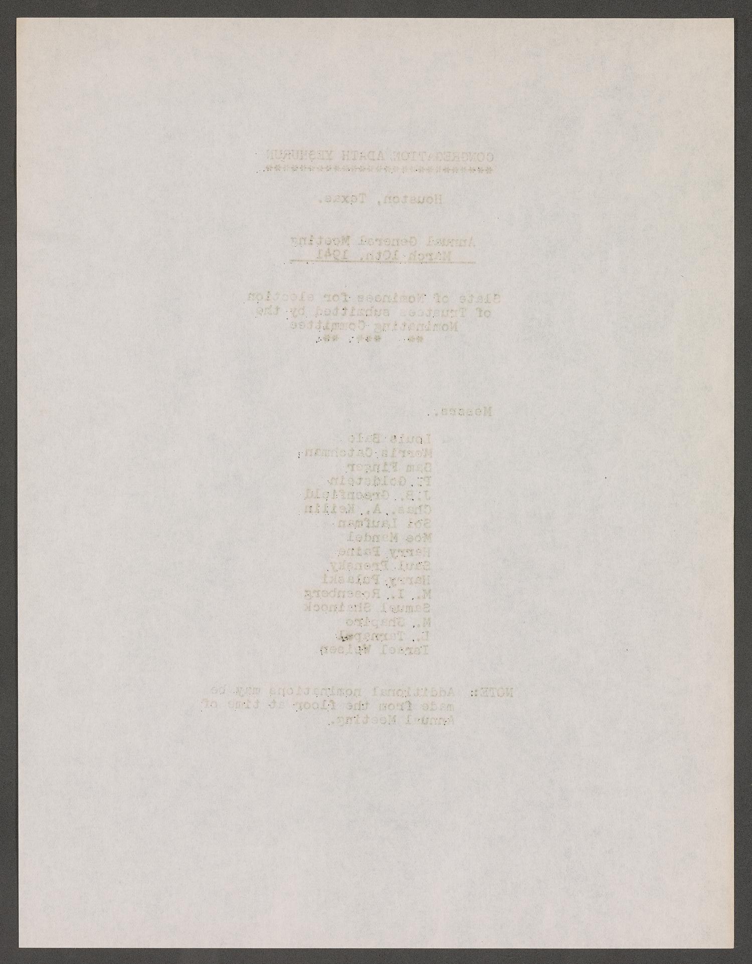 [Congregation Adath Yeshurun Annual General Meeting: Nominees, March 10, 1941]
                                                
                                                    [Sequence #]: 2 of 2
                                                