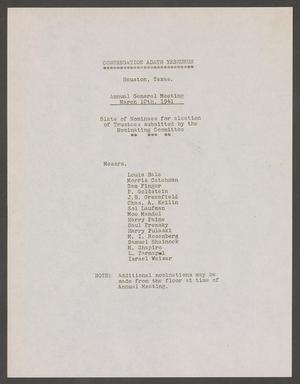 [Congregation Adath Yeshurun Annual General Meeting: Nominees, March 10, 1941]