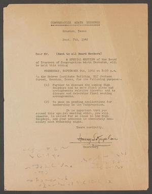 [Letter from Harry S. Kaplan to Congregation Adath Yeshurun Board Members, September 7, 1942]