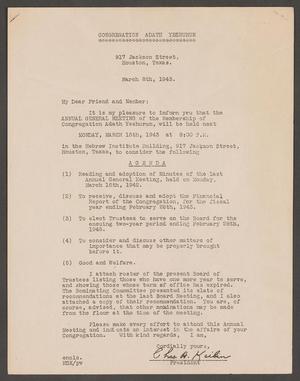[Letter from Charles A. Keilin to Congregation Adath Yeshurun, March 8, 1943]