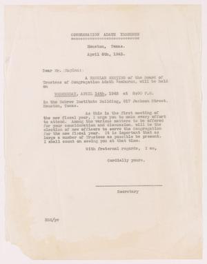 Primary view of object titled '[Letter from Congregation Adath Yeshurun to S. Kaplan, April 6, 1943]'.