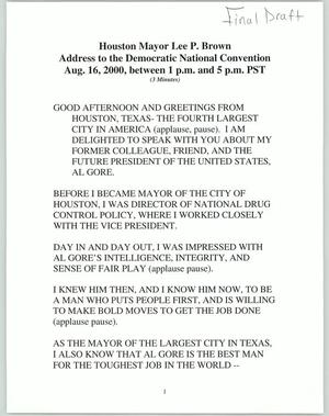 Primary view of object titled 'Houston Mayor Lee P. Brown Address to the Democratic National Convention'.