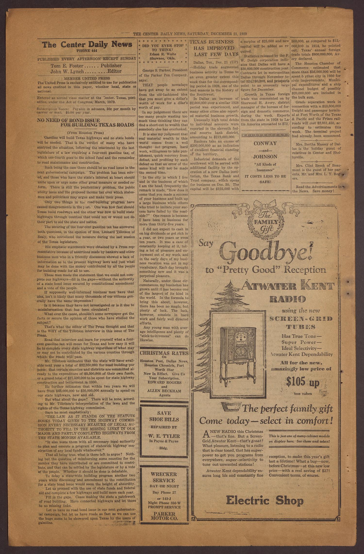 Center Daily News (Center, Tex.), Vol. 1, No. 176, Ed. 1 Saturday, December 21, 1929
                                                
                                                    [Sequence #]: 2 of 4
                                                