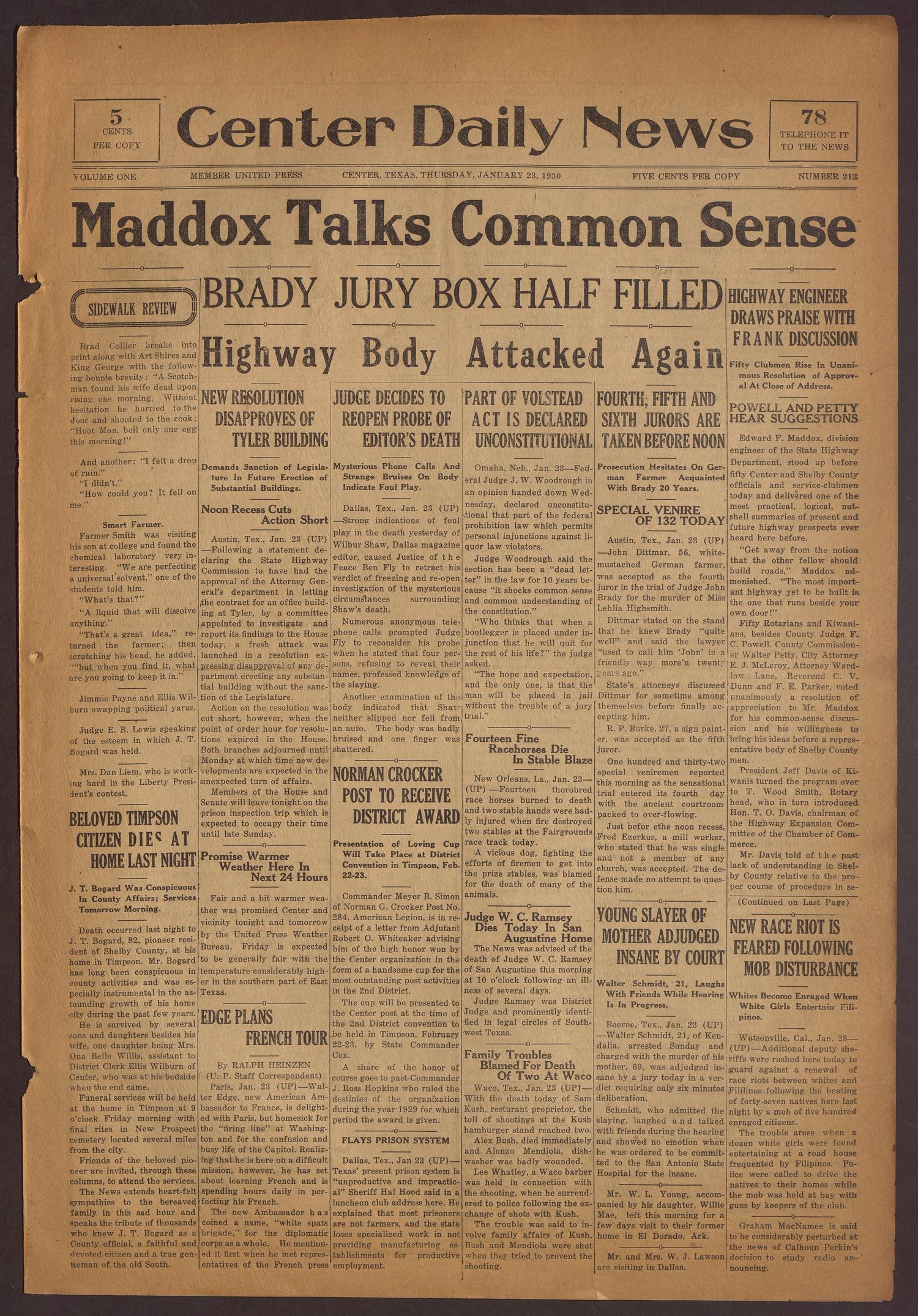 Center Daily News (Center, Tex.), Vol. 1, No. 213, Ed. 1 Thursday, January 23, 1930
                                                
                                                    [Sequence #]: 1 of 4
                                                