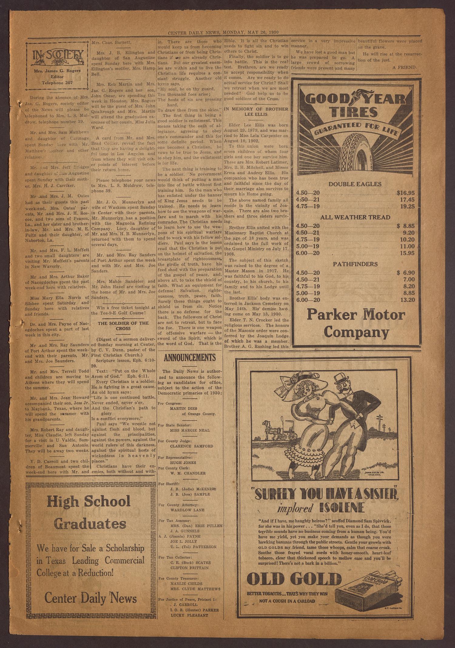 Center Daily News (Center, Tex.), Vol. 1, No. 316, Ed. 1 Monday, May 26, 1930
                                                
                                                    [Sequence #]: 3 of 4
                                                