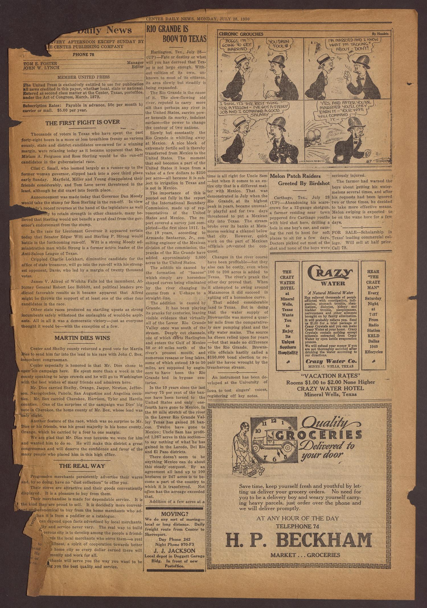Center Daily News (Center, Tex.), Vol. 2, No. 50, Ed. 1 Monday, July 28, 1930
                                                
                                                    [Sequence #]: 2 of 4
                                                