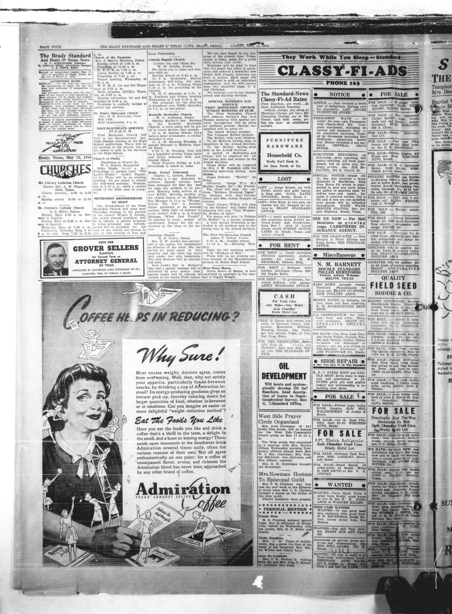 The Brady Standard and Heart O' Texas News (Brady, Tex.), Vol. 36, No. 14, Ed. 1 Friday, May 12, 1944
                                                
                                                    [Sequence #]: 4 of 8
                                                