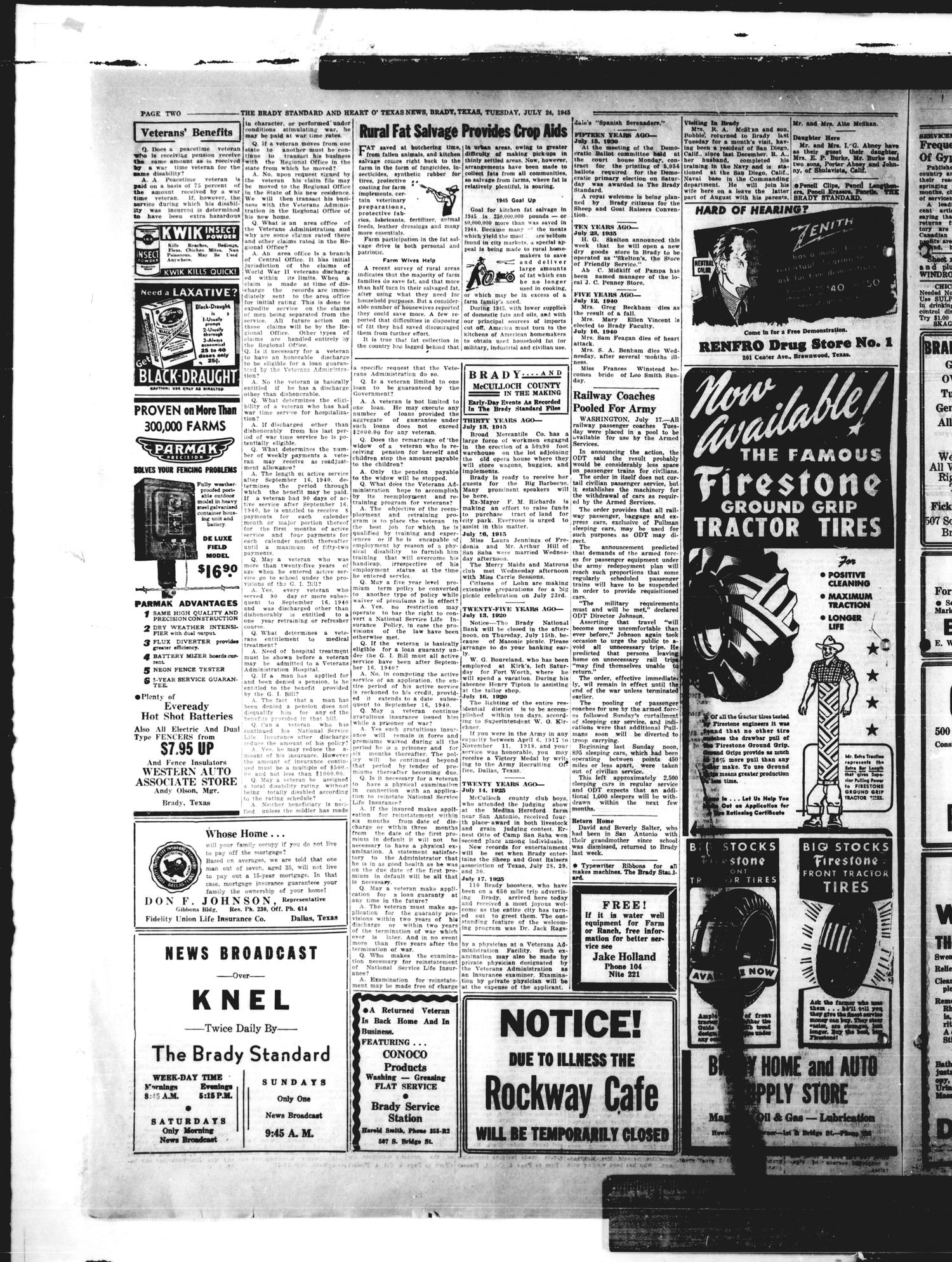 The Brady Standard and Heart O' Texas News (Brady, Tex.), Vol. 37, No. 34, Ed. 1 Tuesday, July 24, 1945
                                                
                                                    [Sequence #]: 2 of 8
                                                
