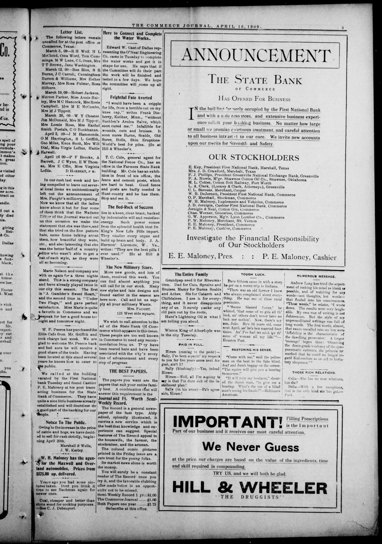 The Commerce Journal. (Commerce, Tex.), Vol. 19, No. 38, Ed. 1 Friday, April 16, 1909
                                                
                                                    [Sequence #]: 3 of 8
                                                