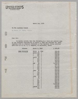 [Letter from United States National Bank to D. W. Kempner, March 1, 1950]