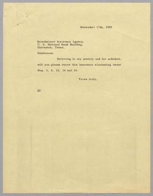 [Letter from D. W. Kempner to Seinsheimer Insurance Agency, November 17, 1950]
