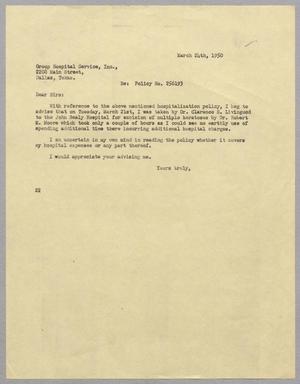 [Letter from D. W. Kempner to Group Hospital Service, Inc., March 24, 1950]