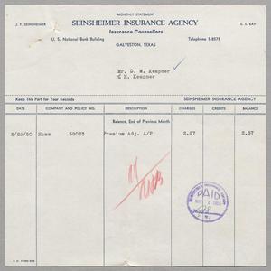 [Invoice for Insurance for D. W. Kempner, February 1950]