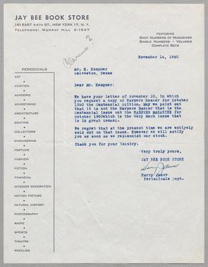 [Letter from Jay Bee Book Store to D. W. Kempner, November 14, 1950]
