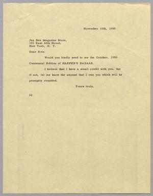 [Letter from D. W. Kempner to Jay Bee Magazine Store, November 10, 1950]