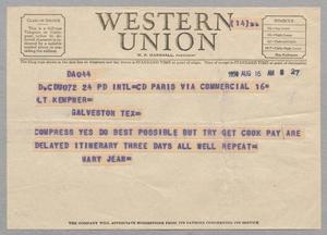 [Telegram from Mary Jean Thorne to Kempner, August 16, 1950]
