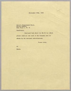 [Letter from D. W. Kempner to Macy's Department Store, November 20, 1950]