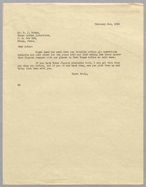 [Letter from D. W. Kempner to R. I. Mehan, February 2, 1950]