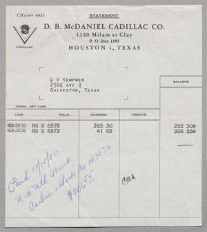 [Invoice for Balance Due to D. B. McDaniel Cadillac Co., November 1950]
