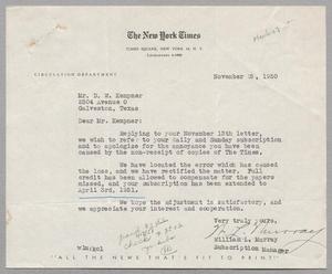 [Letter from The New York Times to Daniel W. Kempner, November 25, 1950]