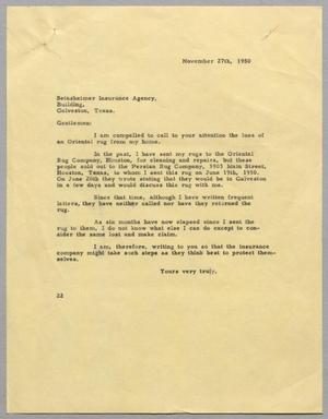 [Letter from Daniel W. Kempner to Seinsheimer Insurance Agency, November 27, 1950]