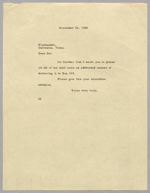 [Letter from Daniel W. Kempner to Postmaster, November 10, 1950]