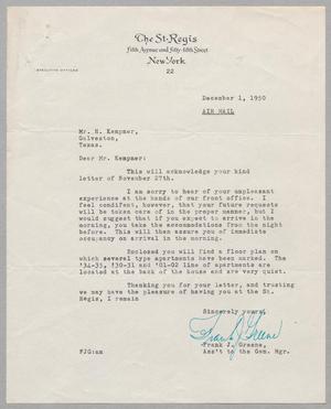 [Letter From Frank J. Greene to Daniel W. Kempner, December 1, 1950]