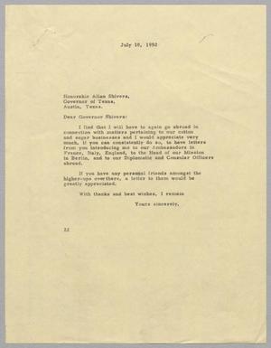 [Letter from D. W. Kempner to Allan Shivers, July 10, 1950]