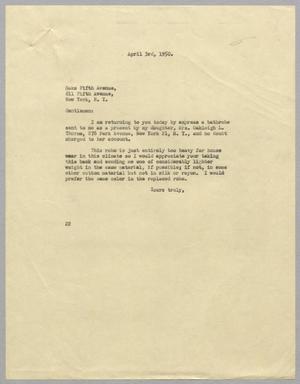[Letter from Jeane Bertig Kempner to Saks Fifth Avenue, April 3, 1950]