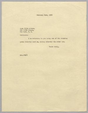 [Letter from Jeane Bertig Kempner to Saks Fifth Avenue, February 21, 1950]