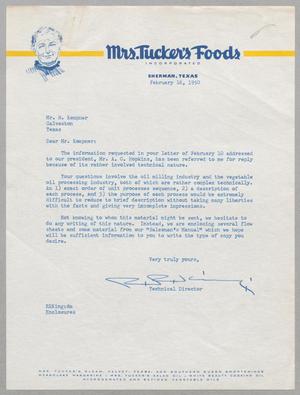 [Letter from Mrs. Tucker's Foods, Incorporated to Daniel W. Kempner, February 16, 1950]
