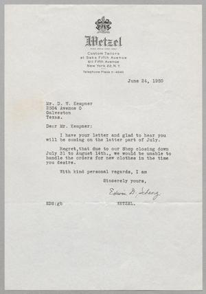 [Letter from Edwin D. Schanz to Daniel W. Kempner, June 24, 1950]