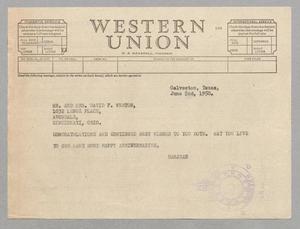 [Telegram from Jeane and Daniel W. Kempner to Mr. and Mrs. David F. Weston, June 2, 1950]