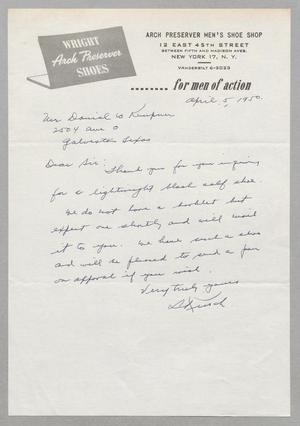 [Handwritten Letter from Arch Preserver Men's Shoe Shop to Daniel W. Kempner, April 5, 1950]