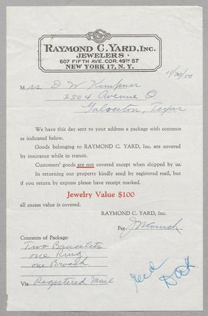 [Invoice for Package Sent to Daniel W. Kempner, November 1950]