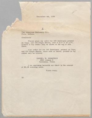 Primary view of object titled '[Letter from Daniel W. Kempner to The American Stationery Company, December 4, 1950]'.
