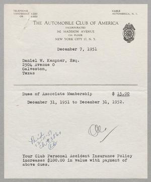 [Invoice for Dues of Associate Membership, December 1951]