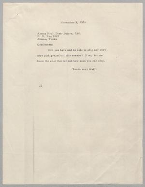 [Letter from Daniel W. Kempner to Alamo Fruit Distributors, Ltd., November 9, 1951]