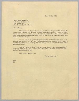 [Letter from D. W. Kempner to Rosa Anspach, June 15, 1951]
