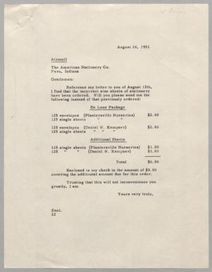 [Letter from D. W. Kempner to The American Stationery Company, August 24, 1951]