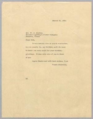 [Letter from Daniel W. Kempner to W. J. Aicklen, March 30, 1951]