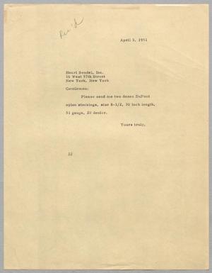 [Letter from Daniel W. Kempner to Henri Bendel, April 3, 1951]
