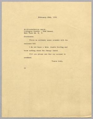 [Letter from Daniel W. Kempner to Bloomingdale Bros., February 26, 1951]