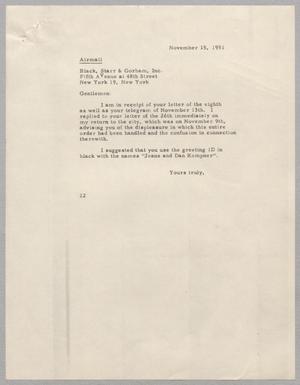 [Letter from Daniel W. Kempner to Black, Starr & Gorham, November 15, 1951]
